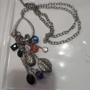 Silver Multi-Charm Pendant Necklace with Black and Iridescent Beads